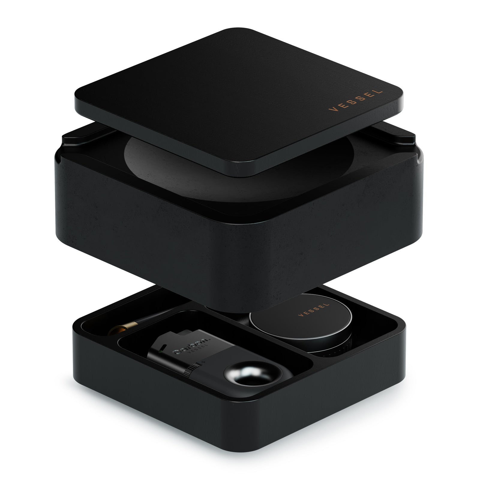 Vessel Ash black ashtray with integrated storage, closed lid view