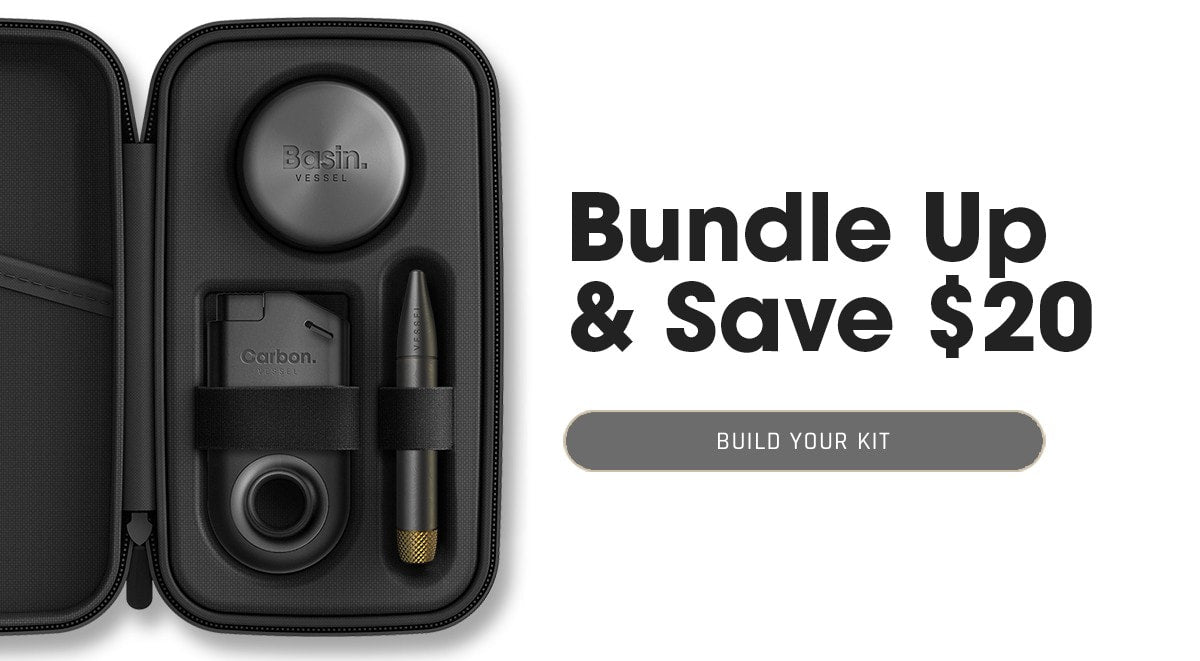 Eclipse kit featuring black Helix one-hitter, Carbon refillable butane lighter, and Gunmetal Basin flower storage container in zip case