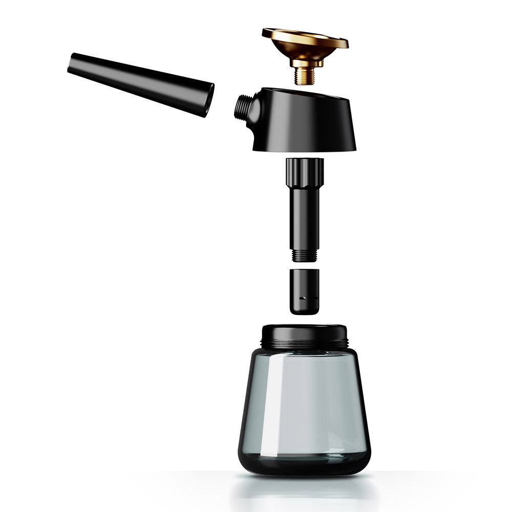 Element Black glass bubbler with black stemmed mouthpiece and brass bowl on white background