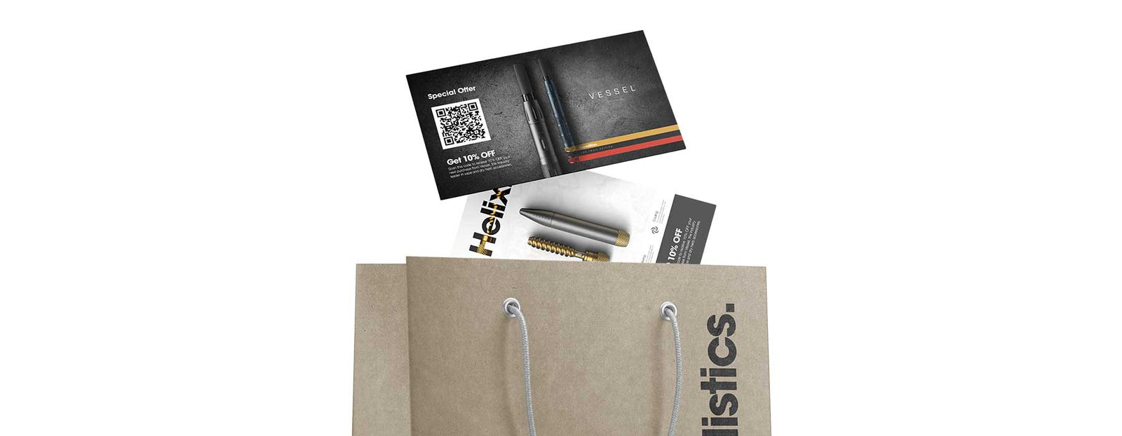 Collection of Vessel promotional materials featuring special offer postcard with QR code, Helix product cards, and kraft paper shopping bag with rope handles