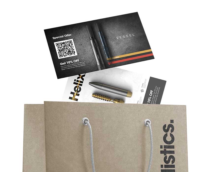 Collection of Vessel promotional materials featuring special offer postcard with QR code, Helix product cards, and kraft paper shopping bag with rope handles
