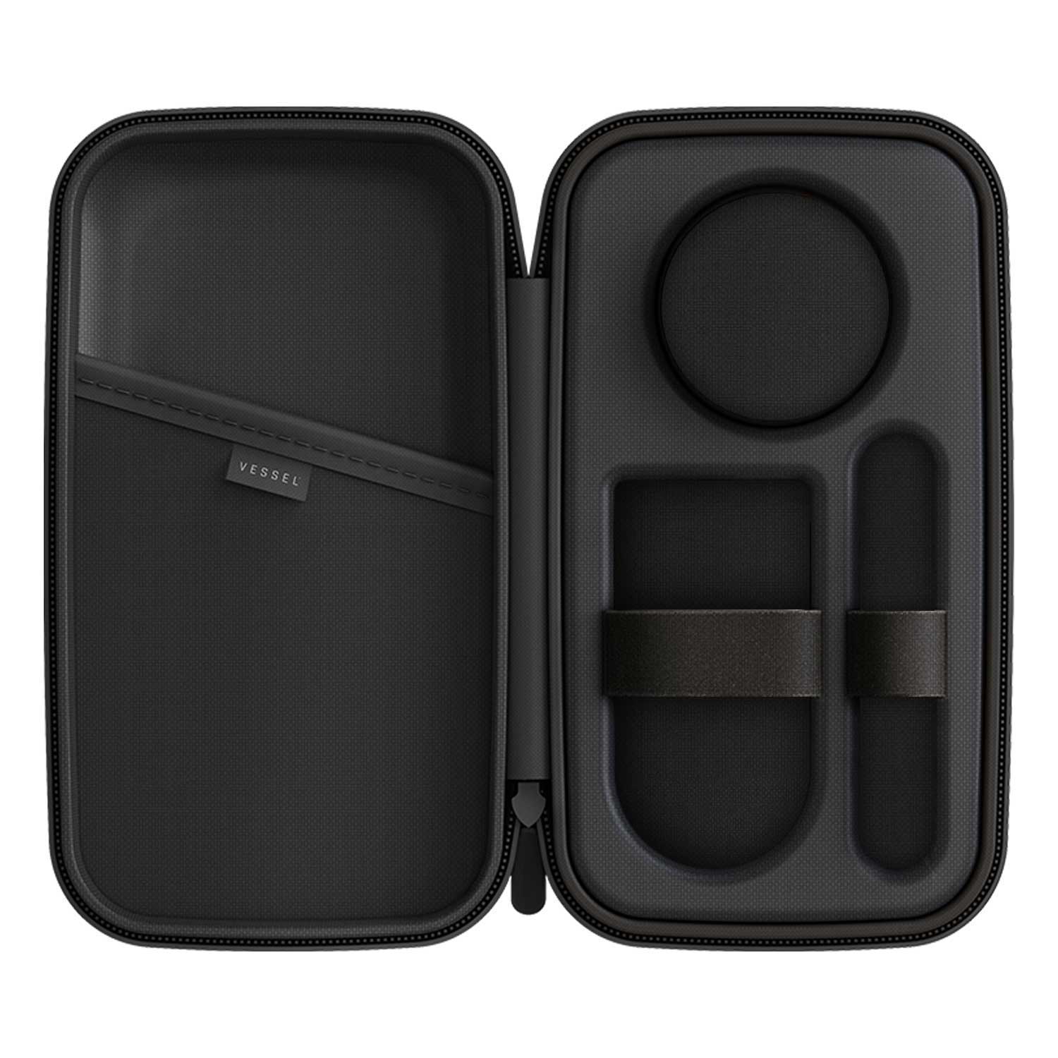 A protective case with a zipper, primarily in black color, designed to organize and carry vessel experiences.