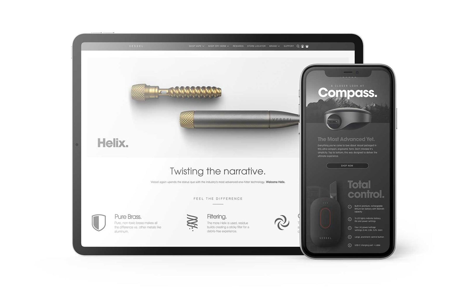Responsive web design mockup featuring Vessel Helix product page on tablet and Compass product page on mobile phone