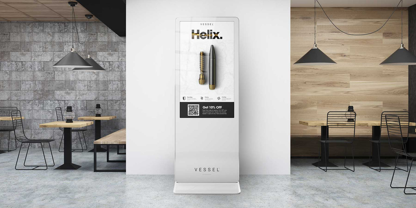 Large white Vessel branded kiosk display showcasing Helix product poster with special offer and QR code, positioned in contemporary working space with industrial design elements