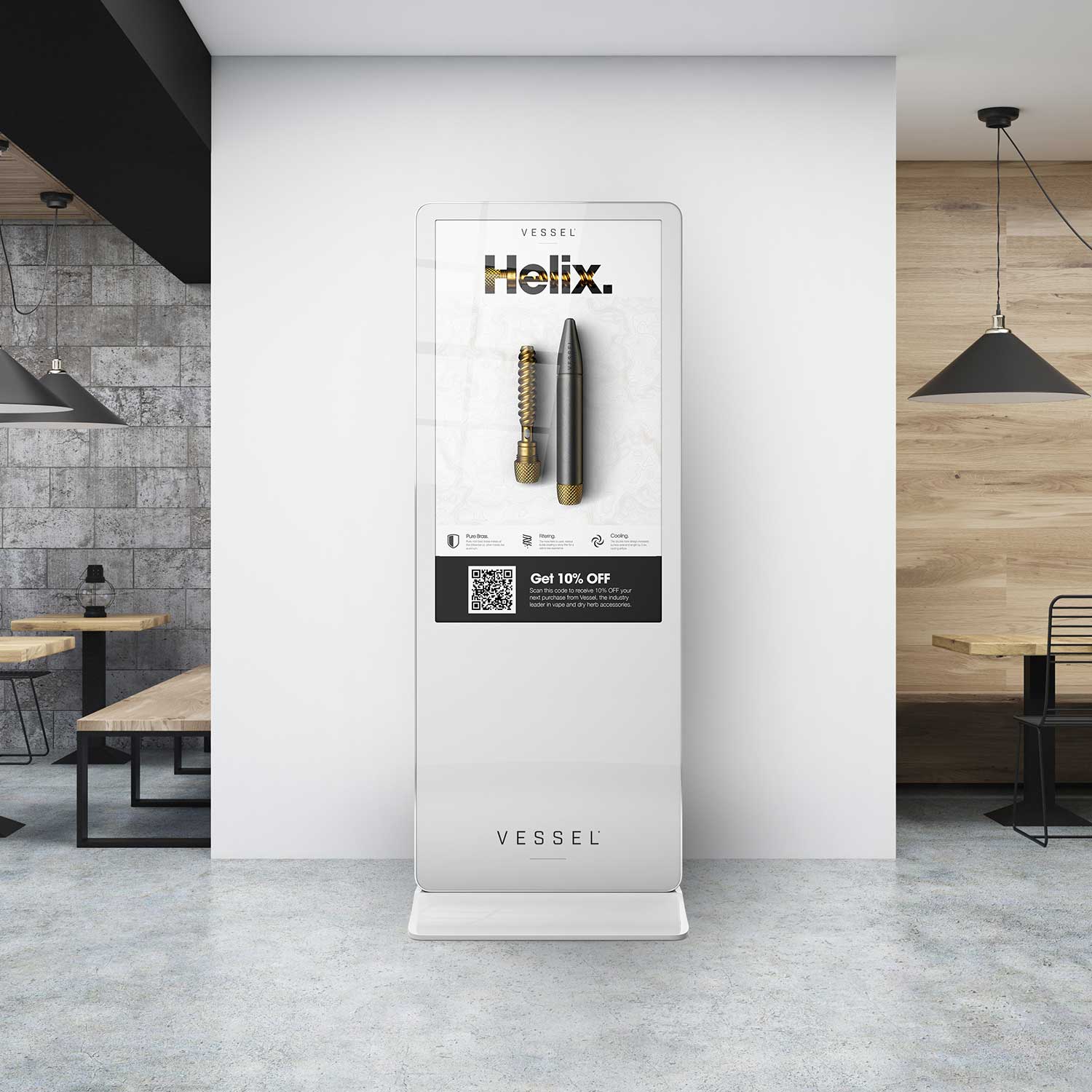 Large white Vessel branded kiosk display showcasing Helix product poster with special offer and QR code, positioned in contemporary working space with industrial design elements